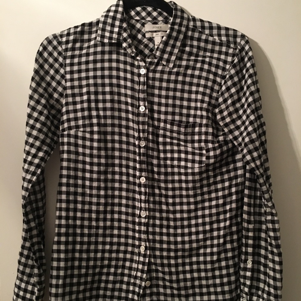 J crew button down black and white check top